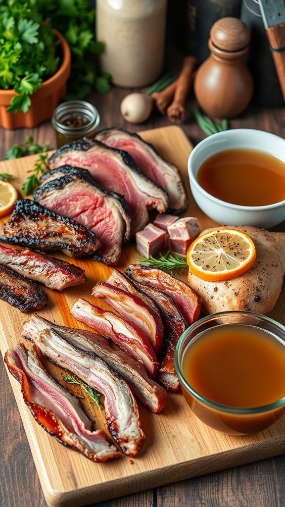 60-Day Carnivore Diet Meal Plan A selection of cooked meats including steak, bacon, chicken, and bone broth on a wooden board.